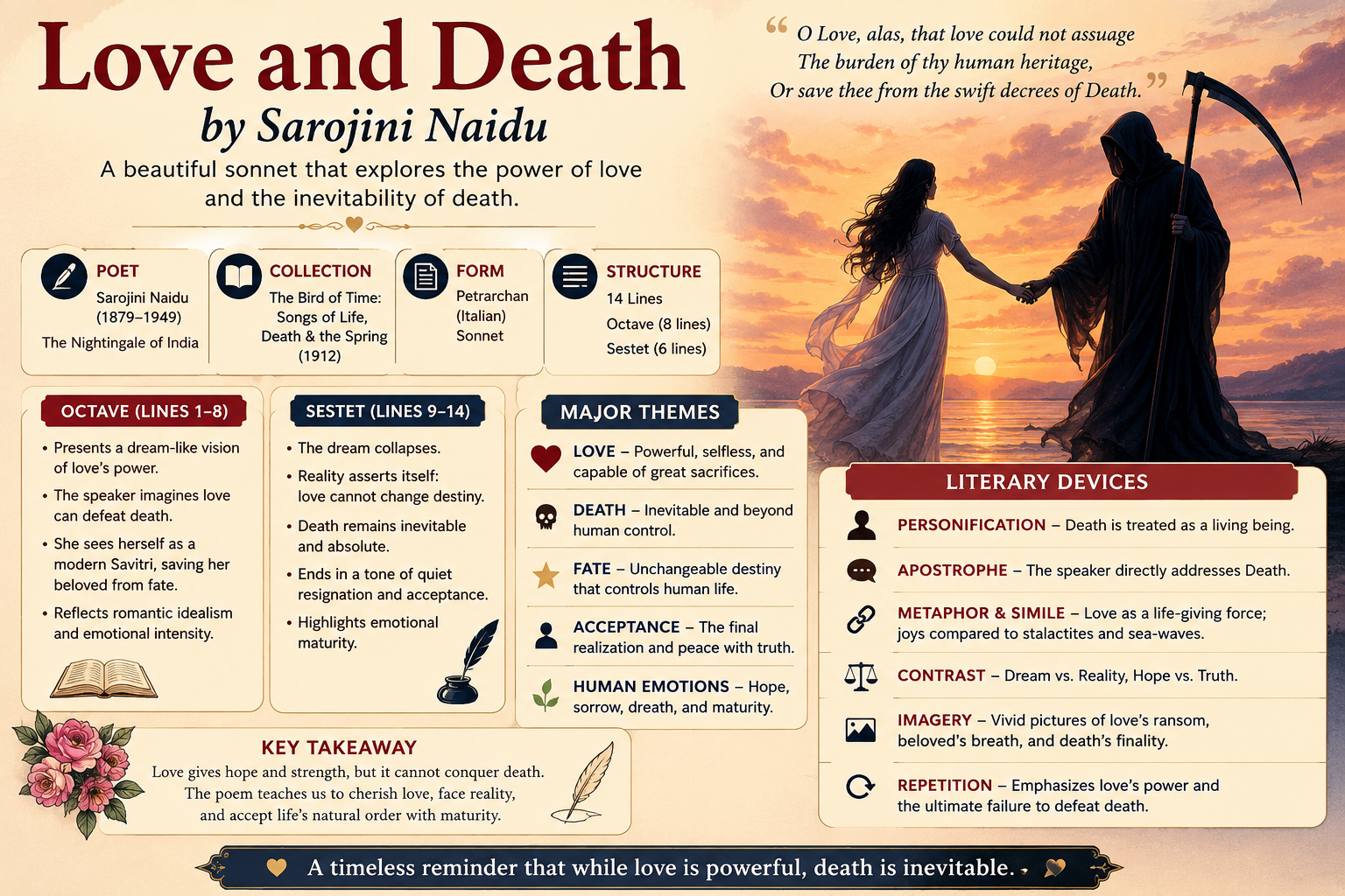 Love and Death by Sarojini Naidu: Complete Summary, Themes, Analysis & Literary Devices (Student-Friendly Guide)